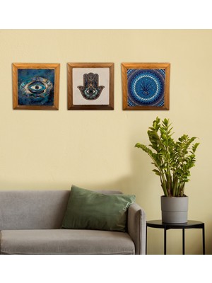 Masif (Ahşap) Çerçeveli 3'lü Set Taş Tablo Pano 26X26 Set Karma