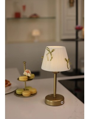 Krem Kadife Süet Gold Fiyonk Kablosuz Şarjlı Masa Lambası - Alt Uzun Eskitme Gold