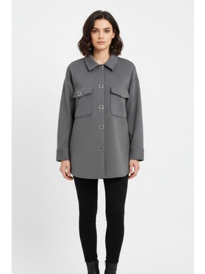 Antrasit Oversize Cepli Kadın Gömlek Ceket 8130A