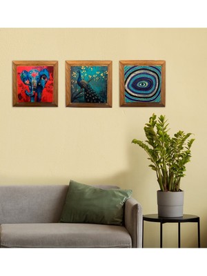 Masif (Ahşap) Çerçeveli 3'lü Set Taş Tablo Pano 26X26 Set Karma