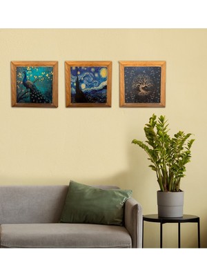 Masif (Ahşap) Çerçeveli 3'lü Set Taş Tablo Pano 26X26 Set Karma