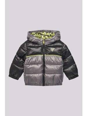 Guess Bg Store Erkek Çocuk Gri Şişme Mont Uzun Kol Kapüşonlu Yaka Rahat Kesim 10 Yaş