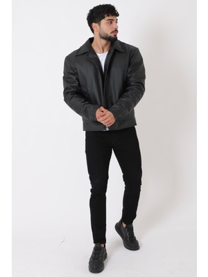 Stil Kombin Stilkombin Oversize Düğmeli Suni Deri Kışlık Mont Bl 1851_50457 2XL Erkek Siyah Dik Yaka Orta Kalınlık Özellikli