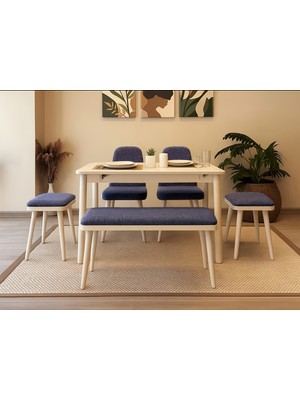 Rabi Mobilya Miora Mini Açılır Mutfak Masa Takımı, Krem Lacivert(1 Masa + 2 Sandalye + 2 Tabure + 1 Bench)
