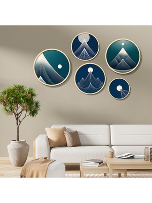 Yuvarlak Ahşap Çerçeveli Mavi ve Yeşil Çizgisel Dağ ve Ay Tablo Seti