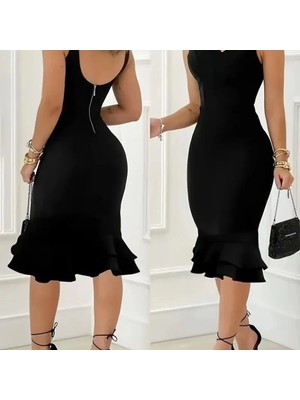 Kadın Askılı V Yaka Arkadan Fermuarlı Dalgıç Elbise