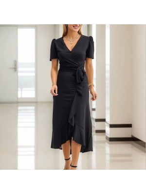 Kadın Kruvaze Yaka Idi Boy Kuşaklı Krep Elbise 120 cm