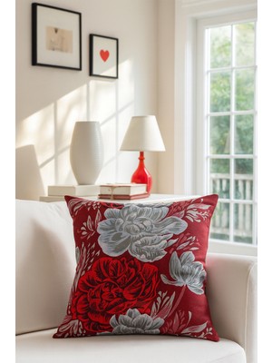 Çiçekli Kırlent Kılıfı Kırmızı 43X43