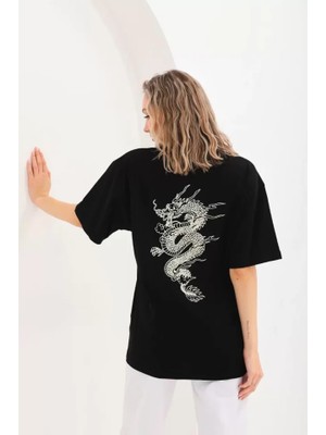 Sensuelle Unisex Baskılı Oversize T-Shirt - Siyah