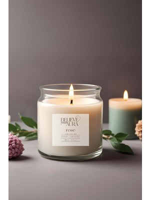 Gül Kokulu Mum - %100 Doğal Soya Mumu Ahşap Kapaklı Aromaterapi Kavanoz Mum - 500 cc