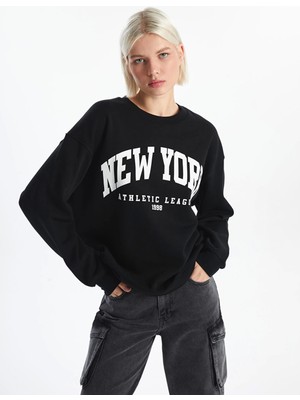 Xsıde Siyah Bisiklet Yaka Baskılı Oversize Kadın Kalın Sweatshirt