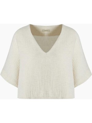 Ikikız 3299 Crinkle Keten V Yaka Bluz Beyaz