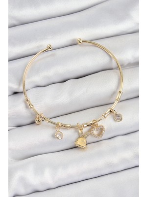 Pirinç Zirkon Taşlı Tavşan ve Kalp Model Gold Renk Charm Bileklik - Lisinya