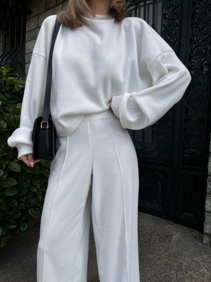 Sensuelle Crop, Pantolon Fitilli Ikili Takım -Beyaz