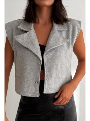 Hayalet Kadın Kolsuz Kaşe Yelek - Kısa Model Yandan Cepli Basic Tasarım