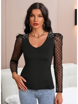 Sensuelle Kadın Uzun Kollu Omuz Inci Kollar Tül Detay Viskon Bluz