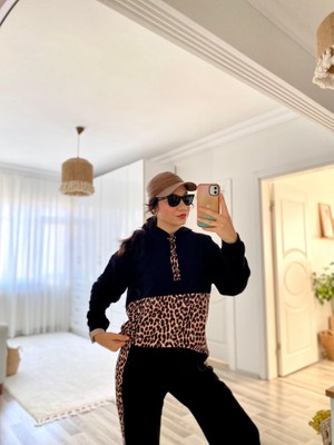 Sensuelle Kadın Uzun Kollu Leopar Detay Sweat ve Yanı Leopar Şerit Detay Pantolon Ikili Takım
