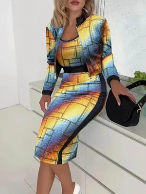 Sensuelle Kadın Uzun Kollu Askılı Yuvarlak Yaka Desenli Dalgıç Bluz Ceket ve Etek Üçlü Takım