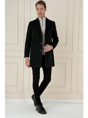 Efor Plt 084 Siyah Klasik Palto Orta Kalınlık Flanel Erkek Uzun Kol Düz Desenli