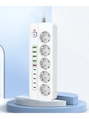 Isıya Dayanıklı Power Tuşlu 5'li Grup Priz 5x USB 5x Type-C Çıkışlı Priz 2 mt Kablolu