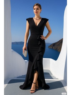 Sensuelle Kadın Dalgıç Kumaş V Yaka Fırfır Detaylı Maxi Boy Elbise