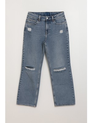 Kadın Yüksek Bel Wide Leg Yırtık Detaylı Buz Mavisi Jean Pantolon