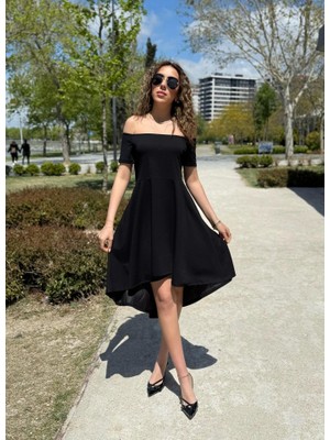 Sensuelle Kadın Kısa Kollu Madonna Yaka Önü Kısa Arkası Uzun Ithal Krep Elbise