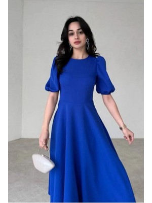 Sensuelle Kadın Kısa Balon Kollu Bisiklet Yaka Geniş Kesim Janjan Krep Elbise