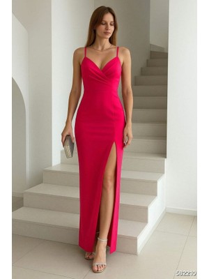 Sensuelle Kadın Dalgıç Kumaş V Yaka Yırtmaç Detaylı Maxi Boy Elbise