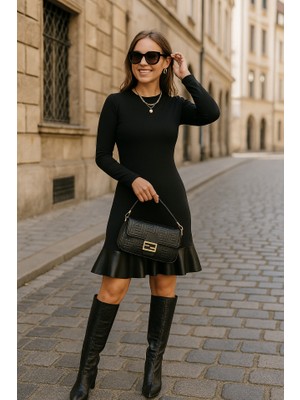 Sensuelle Kadın Uzun Kollu Bisiklet Yaka Üst Viskon Etek Ucu Deri Kısa Elbise