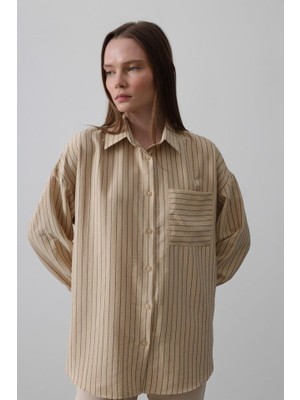 Sensuelle Çizgili Tek Cep Gömlek - Taş