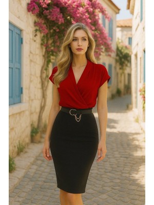 Sensuelle Kadın Kısa Kollu Kruvaze Yaka Krep Elbise (Kemersiz)