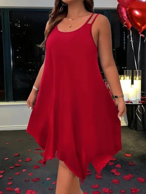 Sensuelle Kadın Askılı Yuvarlak Asimetrik Kesim Detaylı Viskon Elbise