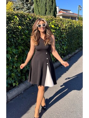 Sensuelle Kadın Tek Omuzu Şerit Detaylı Sıfır Kol Yandan Düğme Detaylı Janjan Krep Elbise