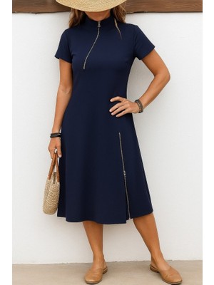 Sensuelle Kadın Kısa Kollu Yakadan ve Etekten Fermuarlı Midi Viskon Iki Iplik Elbise