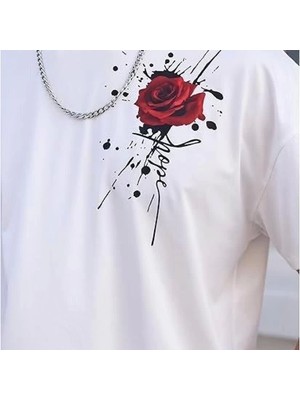 Erkek Bisiklet Yaka Kısa Kol Baskılı Tshirt  Beyaz