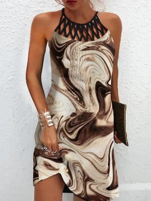 Sensuelle Kadın Sıfır Kol Soğuk Omuz Yaka Baskılı Süprem Elbise