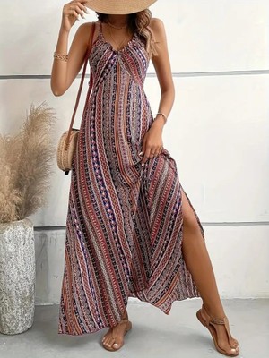 Sensuelle Kadın Ip Askılı Sırttan Çapraz Detaylı Yırtmaçlı Desenli Süprem Elbise