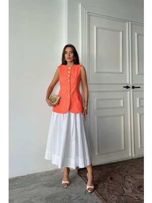Sensuelle Jakar Keten Yelek Belden Oturtmalı Gold Düğmeli - Orange