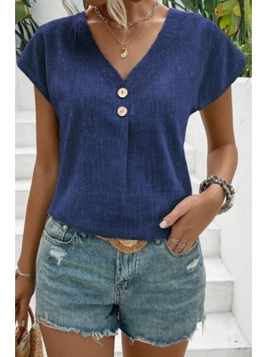 Sensuelle Kadın Kısa Kollu V Yakalı Düğmeli Keten Bluz