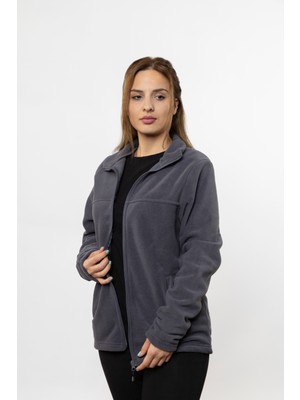 Kadın Füme Rengi Önü Fermuarlı Cepli Polar Ceket