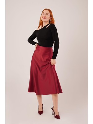 Sensuelle Çan Kesim Midi Bordo Saten Etek