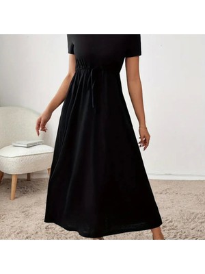 Kadın Kısa Kollu Bisiklet Yaka Belden Bağcıklı Cepli Viskon Elbise