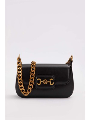 Siyah Geniş Zincir Aksesuarlı Omuz Çantası