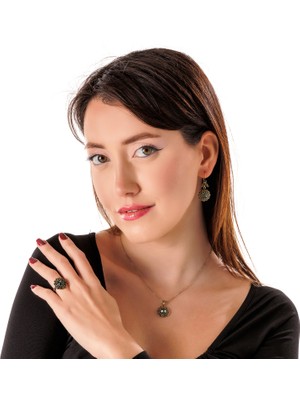 Atelier Leo Handmade Jewellery Güneş Işığı Antrasit Kadın 3'lü Takı Seti Küpe Kolye Yüzük Takım Bakır El Yapımı Kristal Taşlı Kararma Yapmaz Kutulu