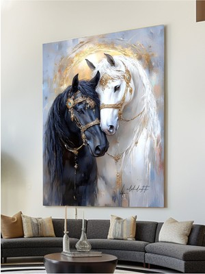 Eslem Siyah ve Beyaz At Dijital Baskı Kanvas Tablo Masif Meşe 50 x 70 cm Duvara Monte