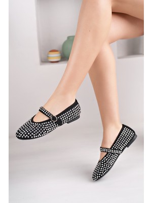 Kadın Baretli Siyah Taşlı Günlük Babet Ayakkabı