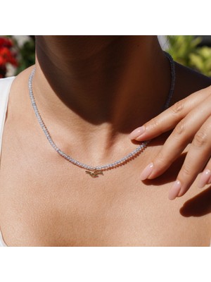 925 Ayar Gümüş Altın Kaplama Aquamarine Doğal Taşlı Kuş Kolye - NGS00115