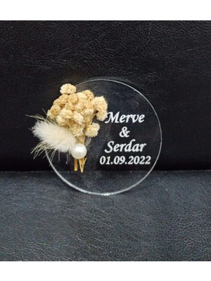 Kuru Çiçekli Yuvarlak Şeffaf Pleksi Nikah Şekeri Arkası Mıknatıslı 50 Adet