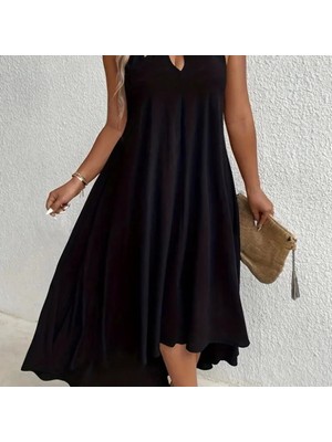 Kadın Boyundan Askılı Damla Detaylı Halkalı Asimetrik Kesim Viskon Elbise